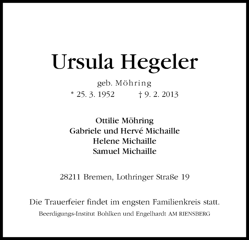 Traueranzeige von Usula Hegeler von WESER-KURIER