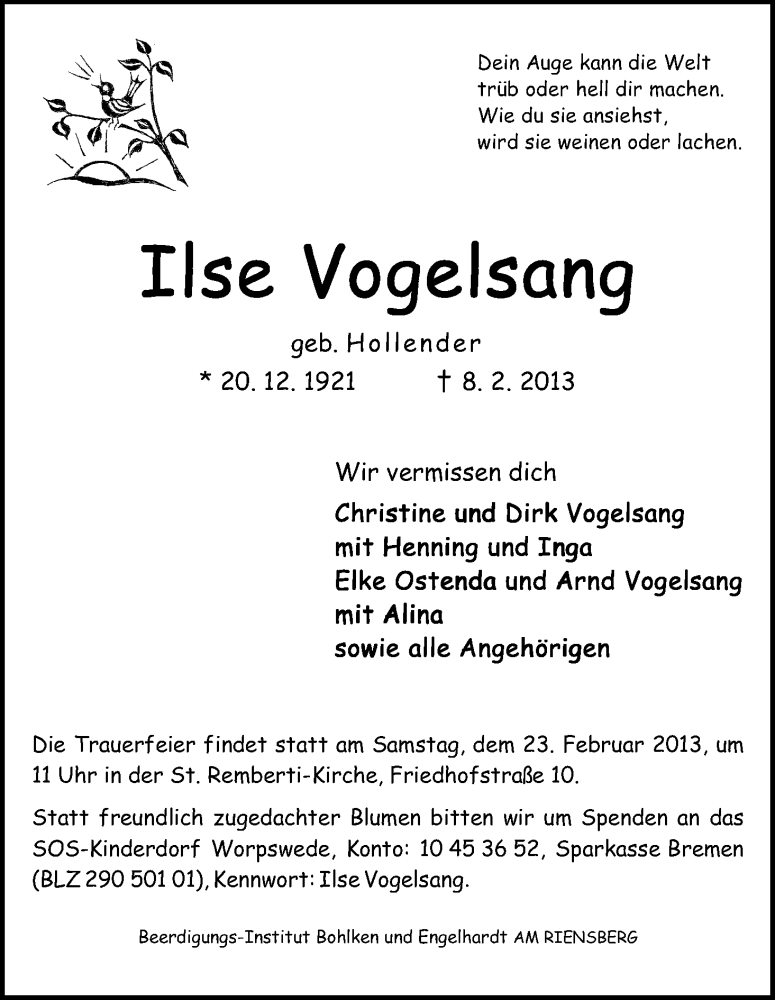 Traueranzeige von Ilse Vogelsang von WESER-KURIER