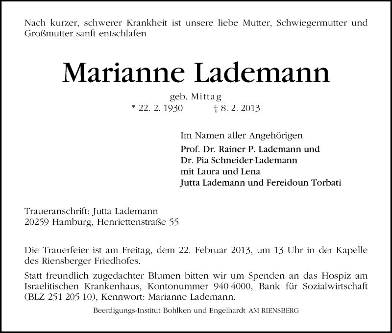 Traueranzeige von Marienne Lademann von WESER-KURIER