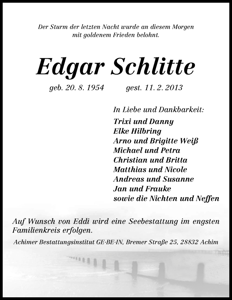 Traueranzeige von Edgar Schlitte von WESER-KURIER
