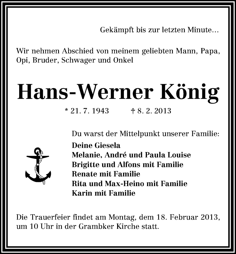 Traueranzeige von Hans-Werner König von WESER-KURIER