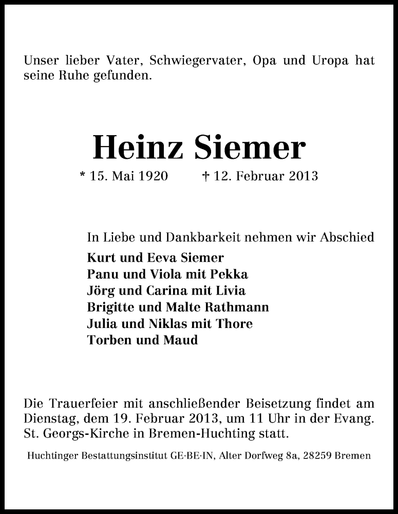Traueranzeige von Heinz Siemer von WESER-KURIER