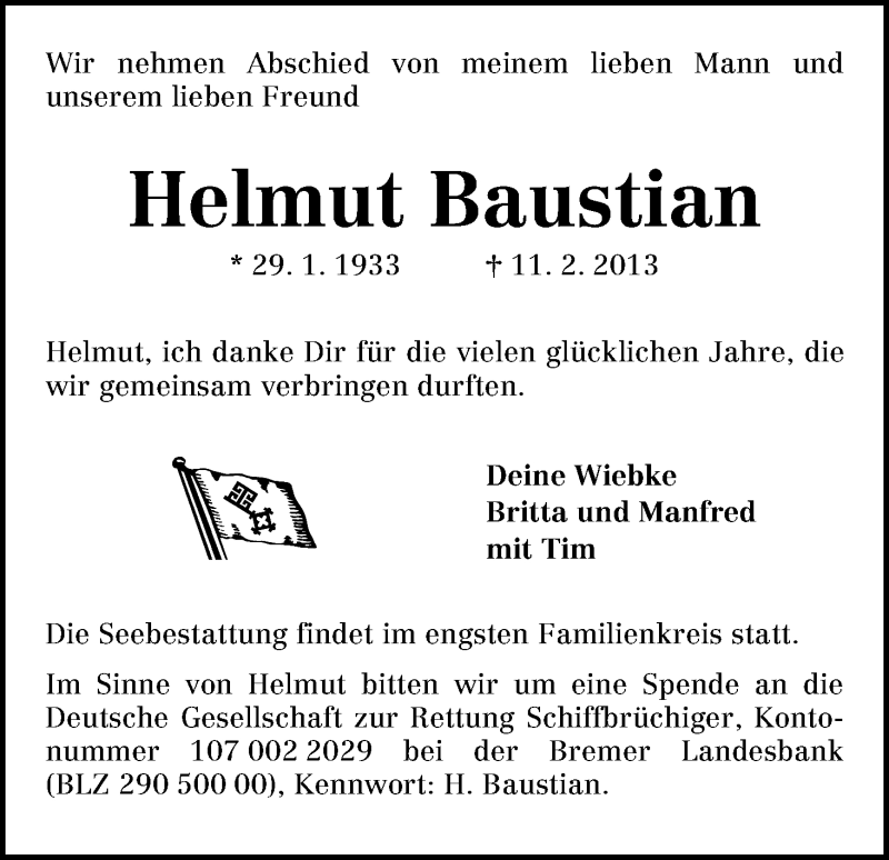 Traueranzeige von Helmut Baustian von WESER-KURIER