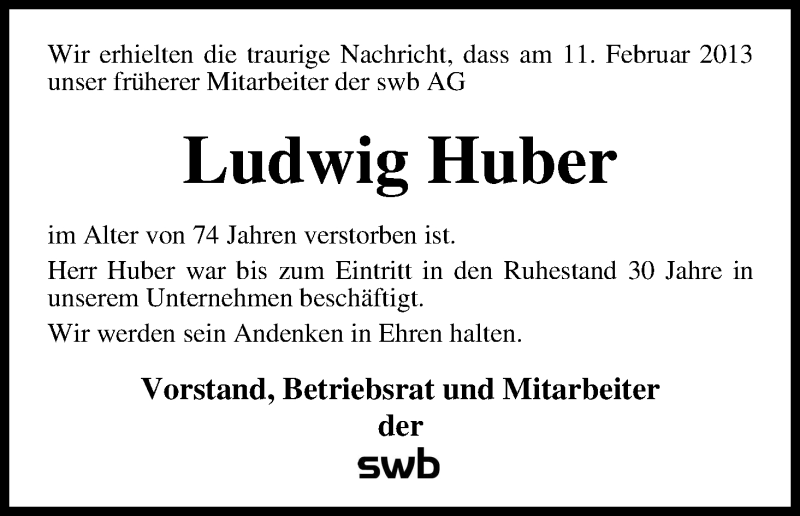Traueranzeige von Ludwig Huber von WESER-KURIER