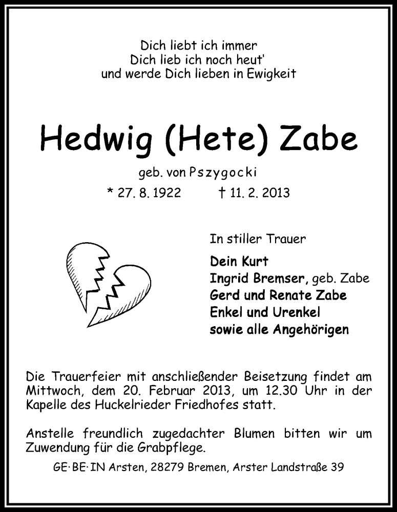 Traueranzeige von Hedwig Zabe von WESER-KURIER