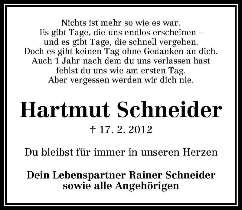 Traueranzeige von Hartmut Schneider von WESER-KURIER