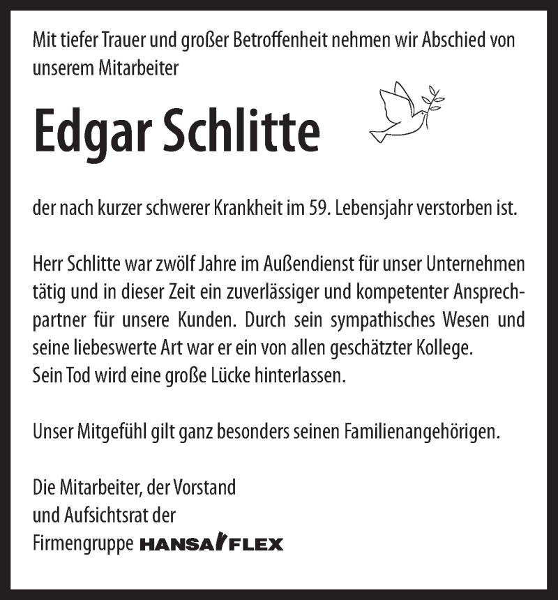 Traueranzeige von Edgar Schlitte von WESER-KURIER