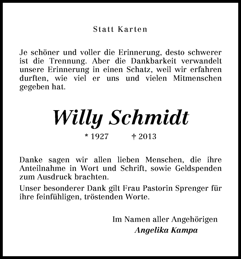 Traueranzeige von Willy Schmidt von WESER-KURIER