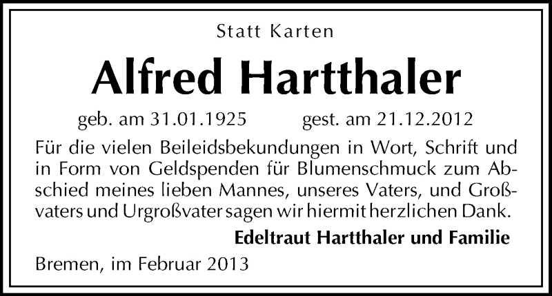 Traueranzeige von Alfred Hartthaler von WESER-KURIER