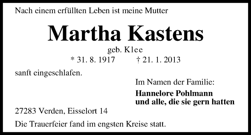 Traueranzeige von Martha Kastens von WESER-KURIER