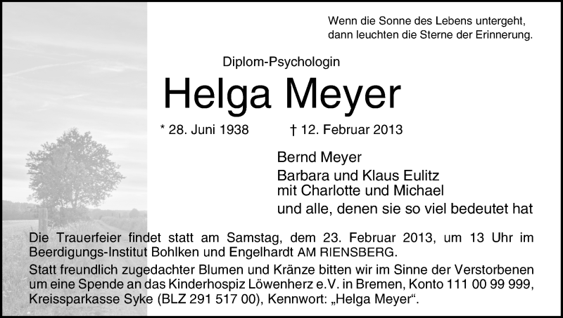 Traueranzeige von Helga Meyer von WESER-KURIER