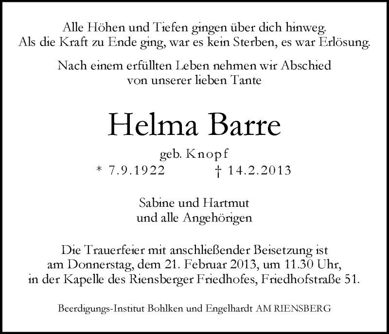 Traueranzeige von Helma Barre von WESER-KURIER