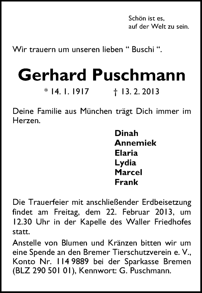 Traueranzeige von Gerhard Puschmann von WESER-KURIER