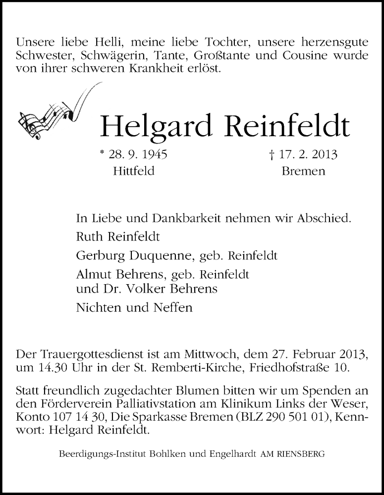 Traueranzeige von Helgard Reinfeldt von WESER-KURIER