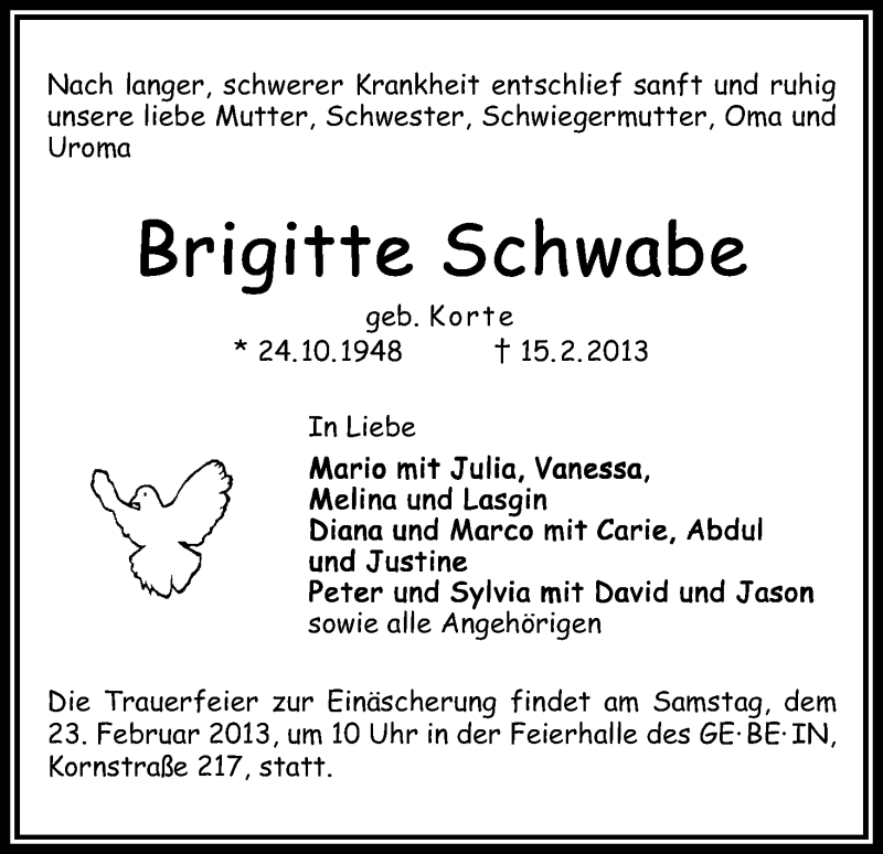 Traueranzeige von Brigitte Schwabe von WESER-KURIER