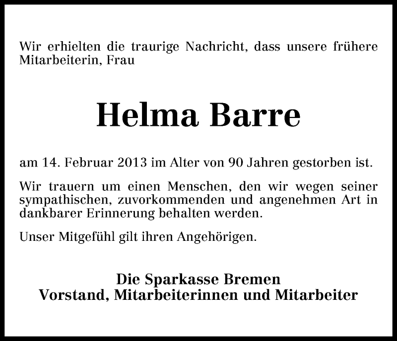 Traueranzeige von Helma Barre von WESER-KURIER