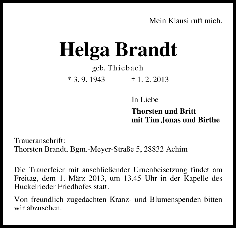 Traueranzeige von Helga Brandt von WESER-KURIER