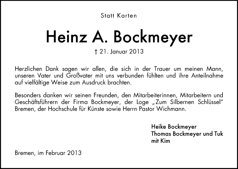 Traueranzeige von Heinz Bockmeyer von WESER-KURIER