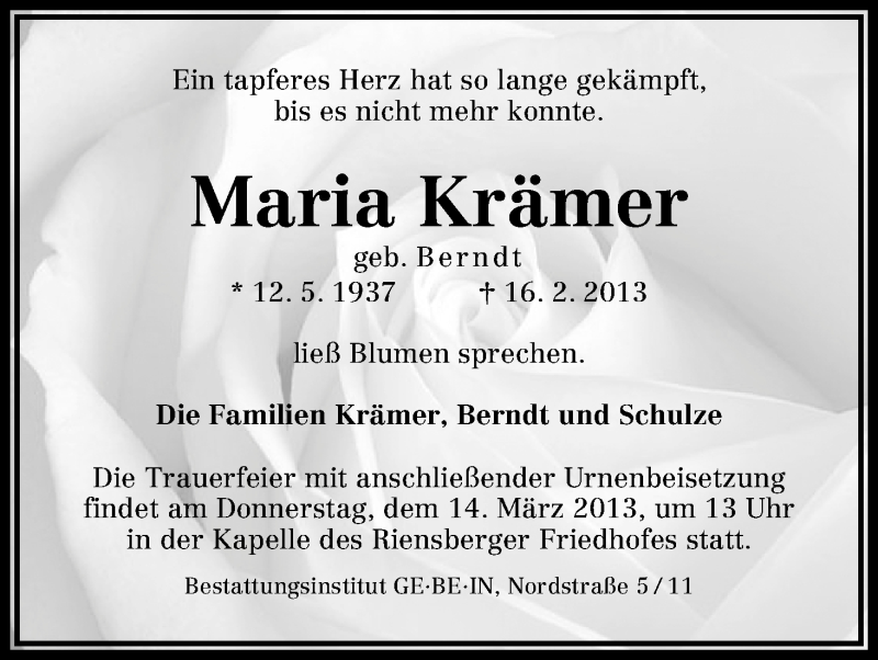 Traueranzeige von Maria Krämer von WESER-KURIER