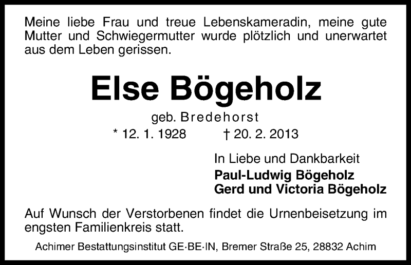 Traueranzeige von Else Bögeholz von WESER-KURIER