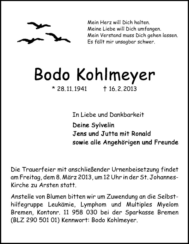 Traueranzeige von Bodo Kohlmeyer von WESER-KURIER