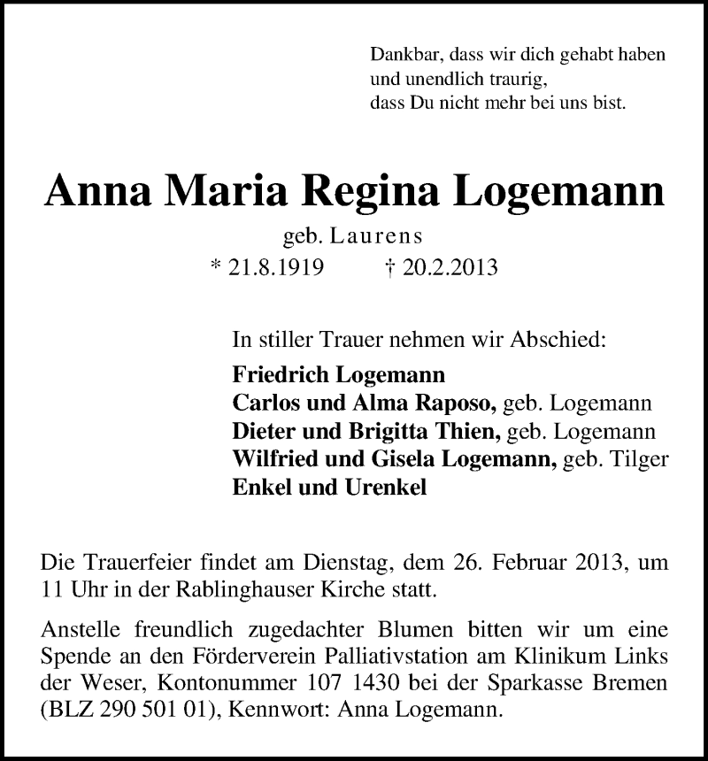 Traueranzeige von Anna Maria Regina Logemann von WESER-KURIER