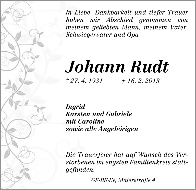 Traueranzeige von Johann Rudt von WESER-KURIER