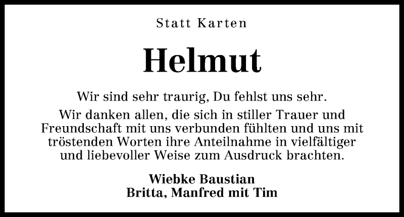 Traueranzeige von Helmut Baustian von WESER-KURIER