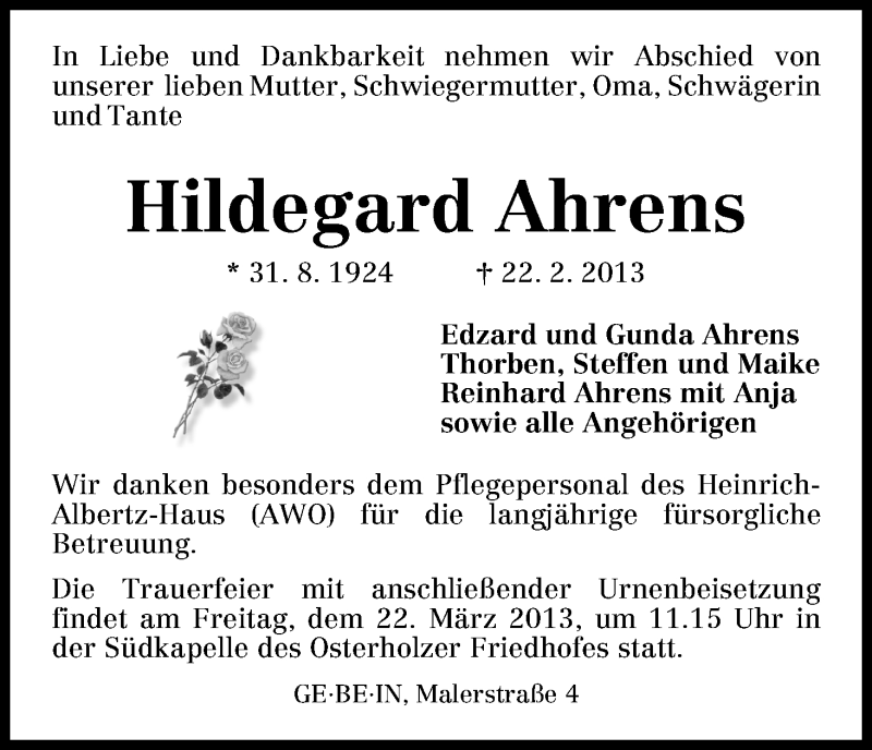 Traueranzeige von Hildegard Ahrens von WESER-KURIER
