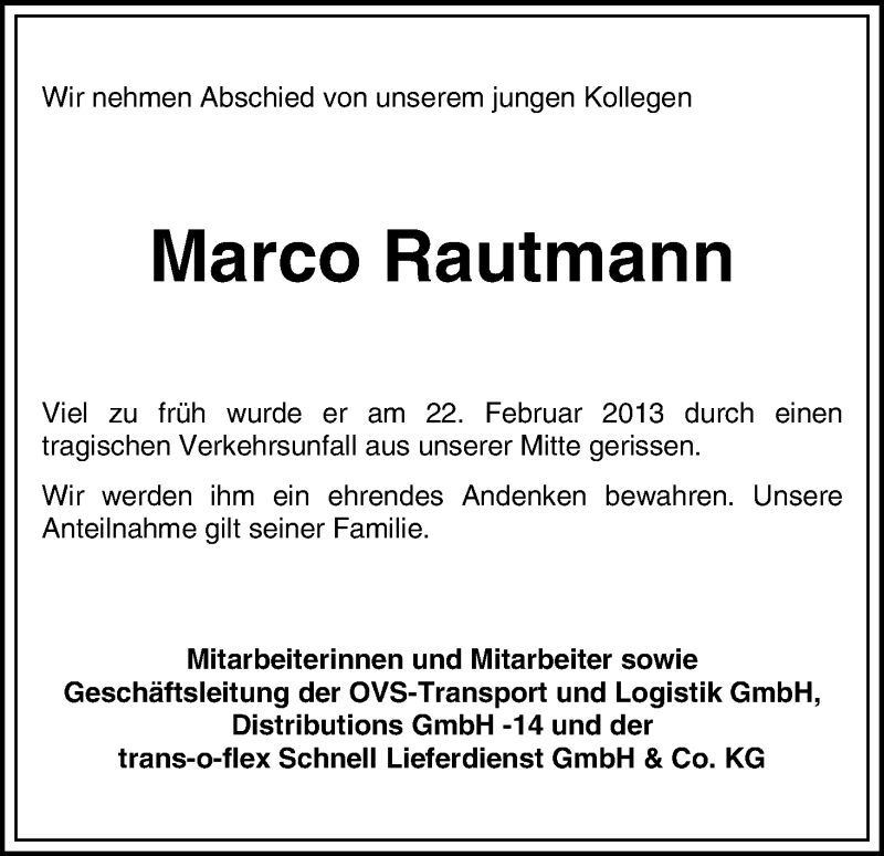 Traueranzeige von Marco Rautmann von WESER-KURIER