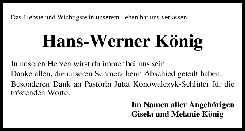 Traueranzeige von Hans-Werner König von WESER-KURIER