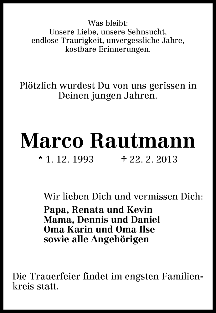 Traueranzeige von Marco Rautmann von WESER-KURIER
