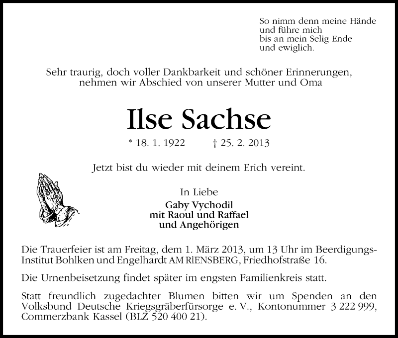 Traueranzeige von Ilse Sachse von WESER-KURIER