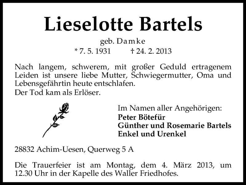 Traueranzeige von Lieselotte Bartels von WESER-KURIER