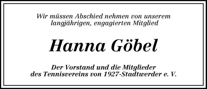 Traueranzeige von Hanna Göbel von WESER-KURIER