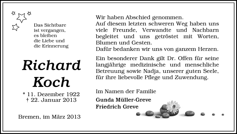Traueranzeige von Richard Koch von WESER-KURIER