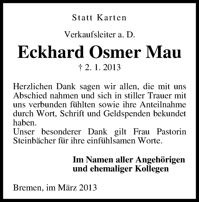 Traueranzeige von Eckhard Osmer Mau von WESER-KURIER