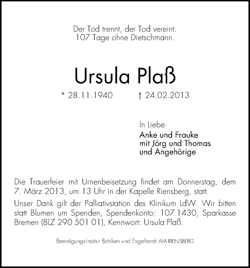 Traueranzeige von Ursula Plaß von WESER-KURIER