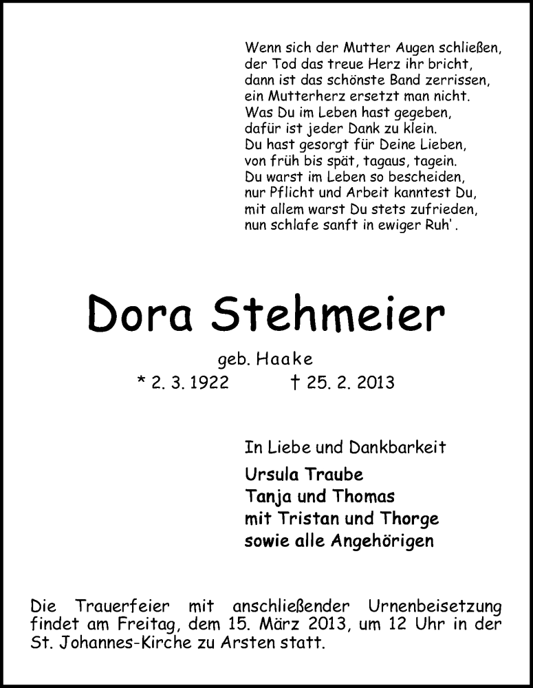 Traueranzeige von Dora Stehmeier von WESER-KURIER