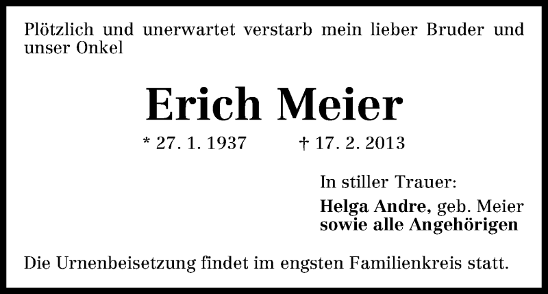 Traueranzeige von Erich Meier von WESER-KURIER