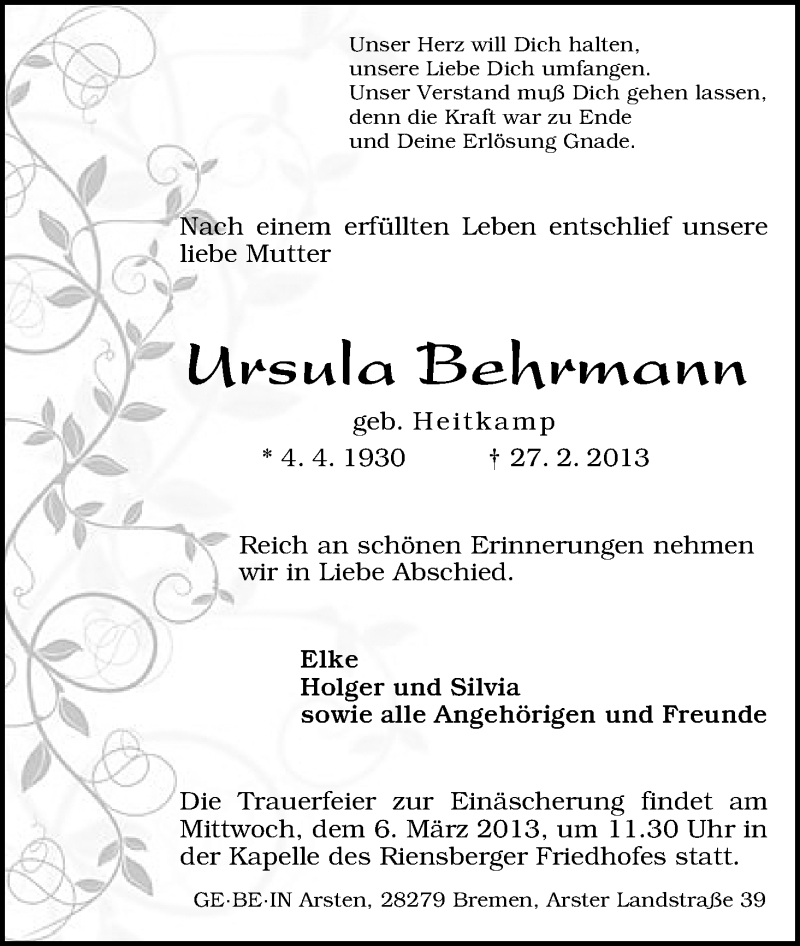 Traueranzeige von Ursula Behrmann von WESER-KURIER