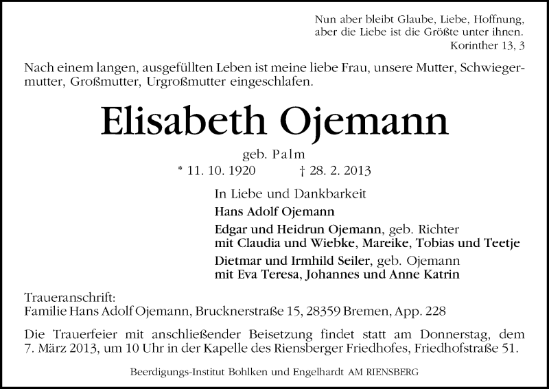 Traueranzeige von Elisabeth Ojemann von WESER-KURIER