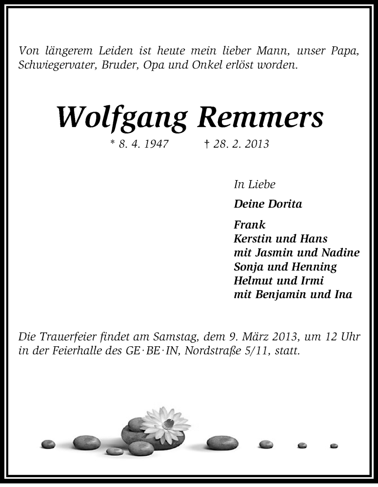 Traueranzeige von Wolfgang Remmers von WESER-KURIER