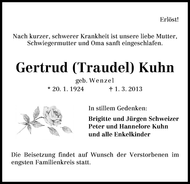 Traueranzeige von Gertrud Kuhn von WESER-KURIER