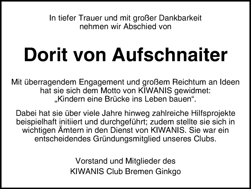 Traueranzeige von Dorit von Aufschnaiter von WESER-KURIER