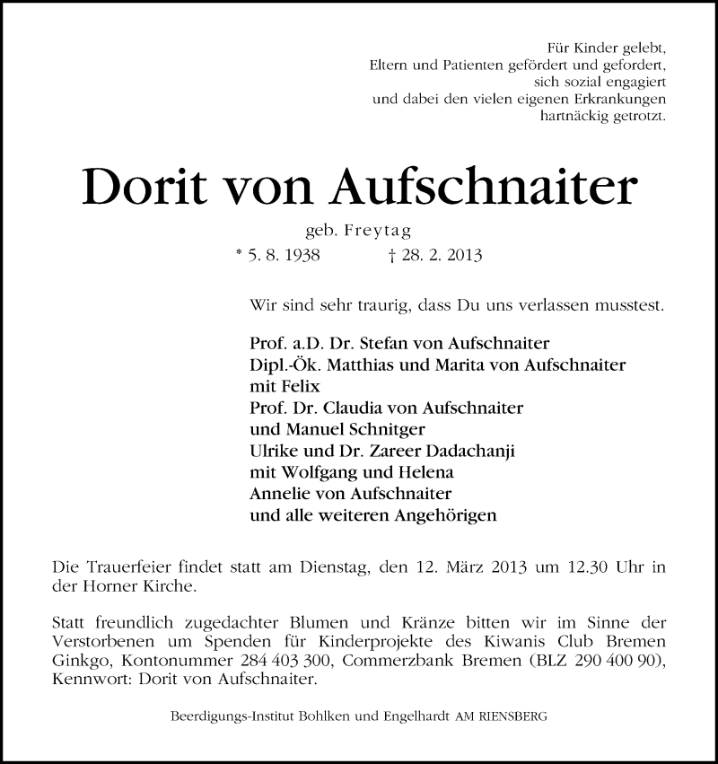 Traueranzeige von Dorit von Aufschnaiter von WESER-KURIER