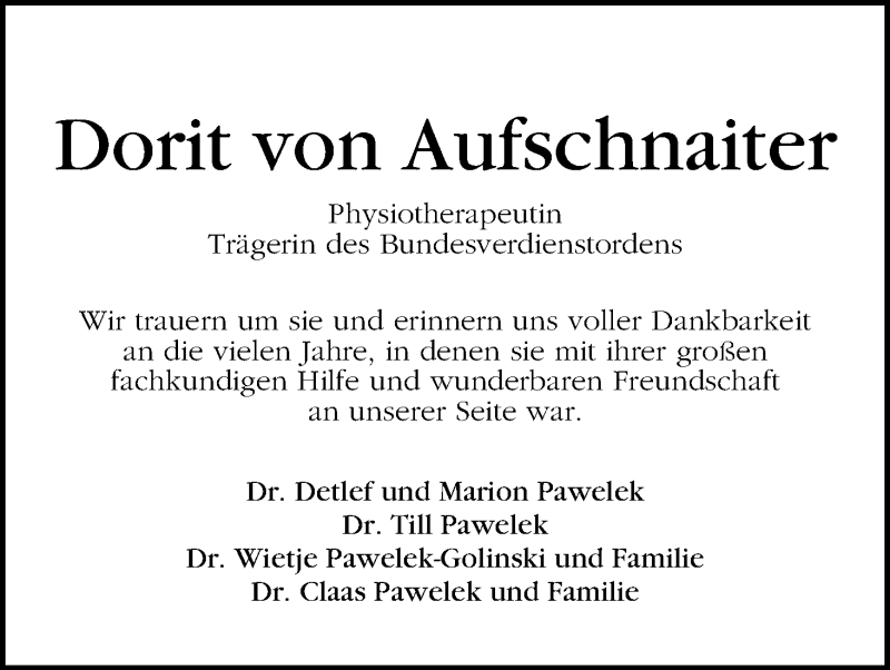 Traueranzeige von Dorit von Aufschnaiter von WESER-KURIER