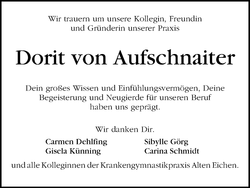 Traueranzeige von Dorit von Aufschnaiter von WESER-KURIER