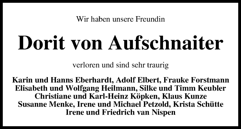 Traueranzeige von Dorit von Aufschnaiter von WESER-KURIER