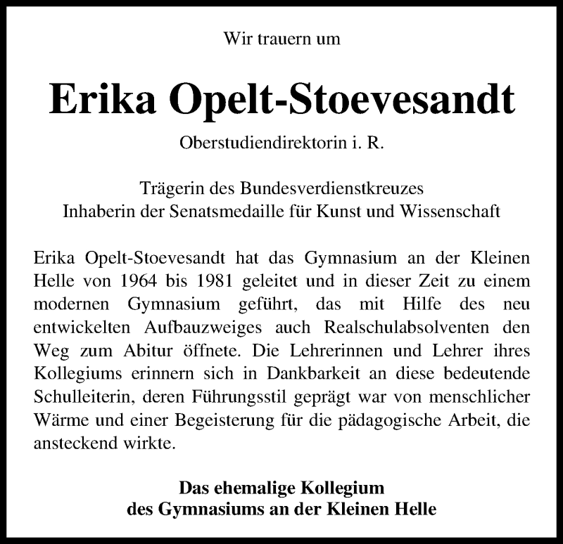 Traueranzeige von Erika Opelt-Stoevesandt von WESER-KURIER